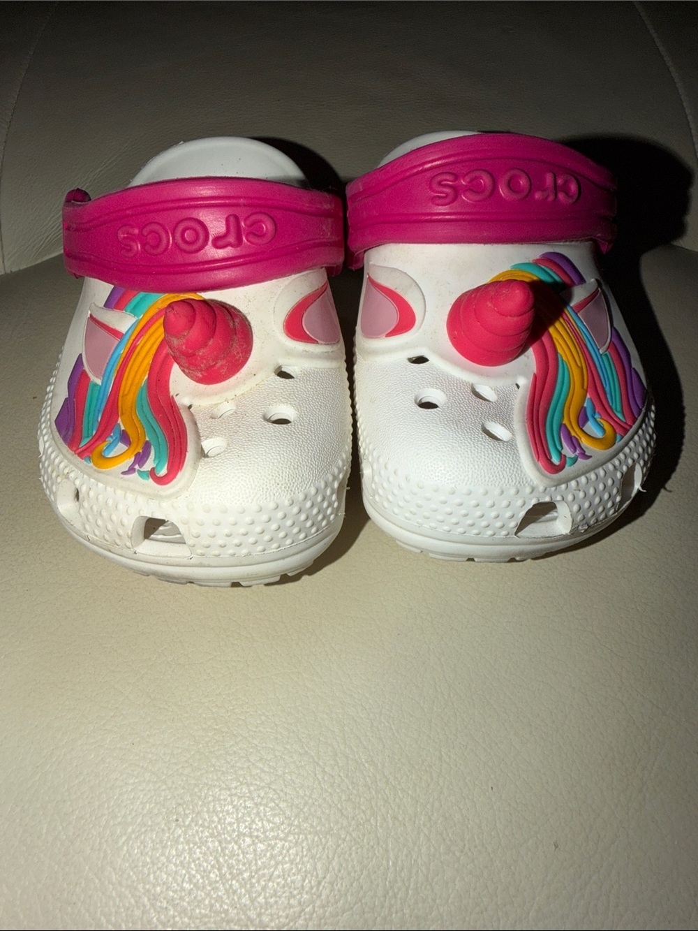 CROCS Kids White Clogs with Pink Strap & Rainbow Unicorn